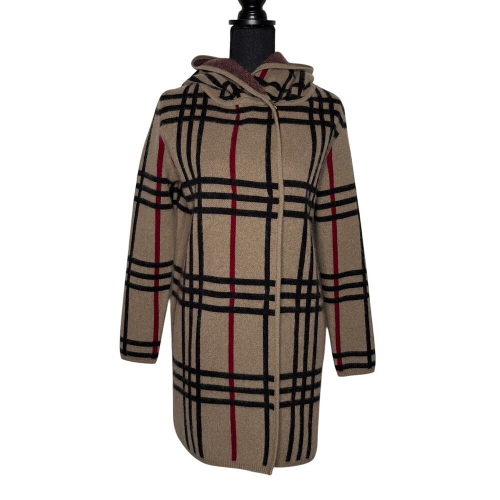 Cashmere Classic Check Plaid Hooded Coatigan Sweater Coat Size M